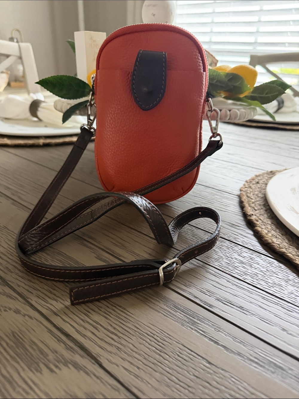 Divinia Firenze Orange compact Crossbody Phone Bag with Dark Brown Trim